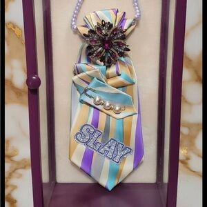 Purple and Pastel Striped Decorative Necktie Necklace with Brooch and Pearl